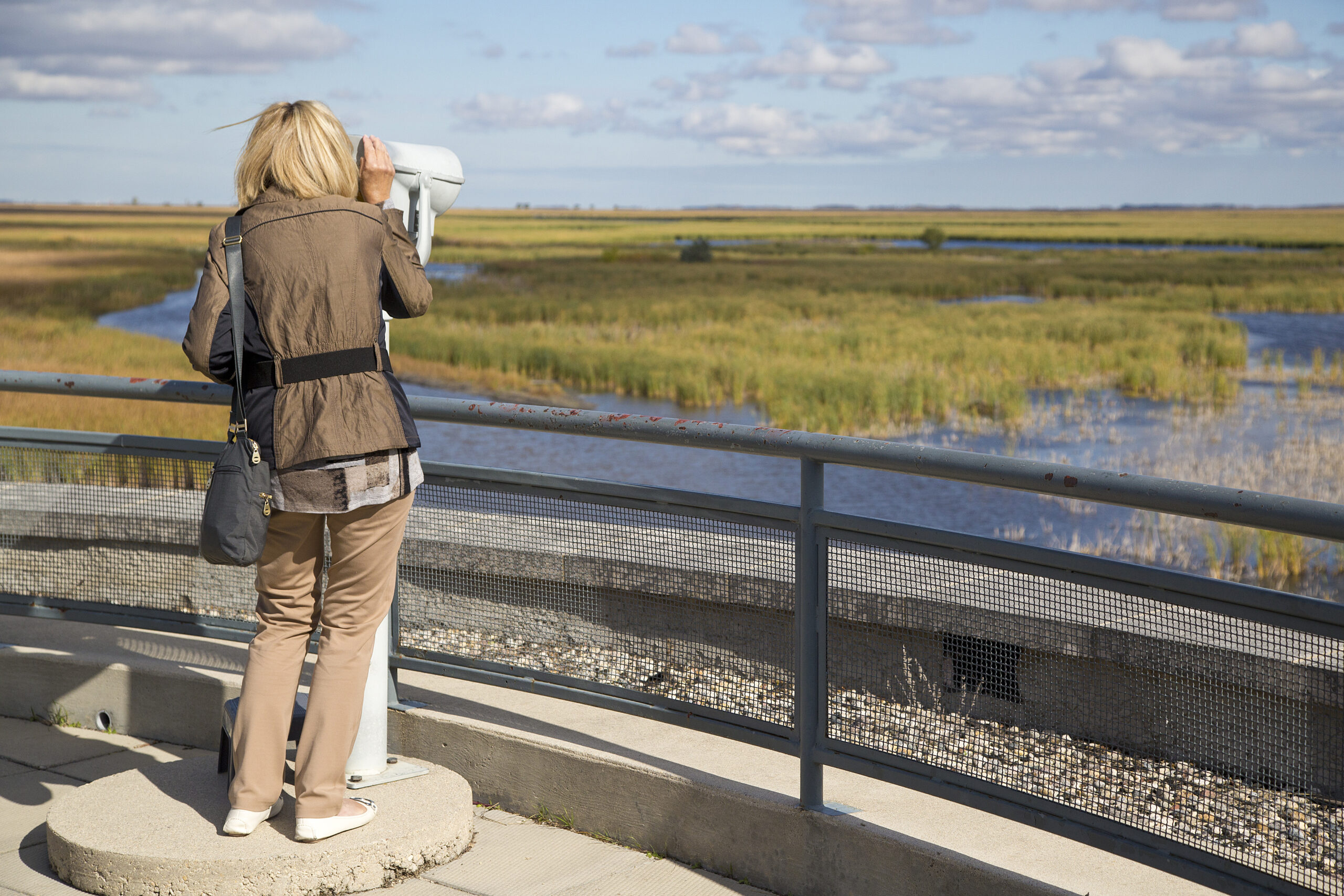 Woman looking out at Oak Hammock Marsh from the rooftop of the Wetland Discovery Centre